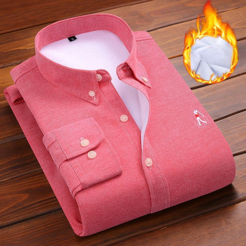 Men's Warm Shirt Men's Fleece Thickened Youth Oxford Spinning Cotton Long Sleeve Solid Color Embroidered Men's Shirt