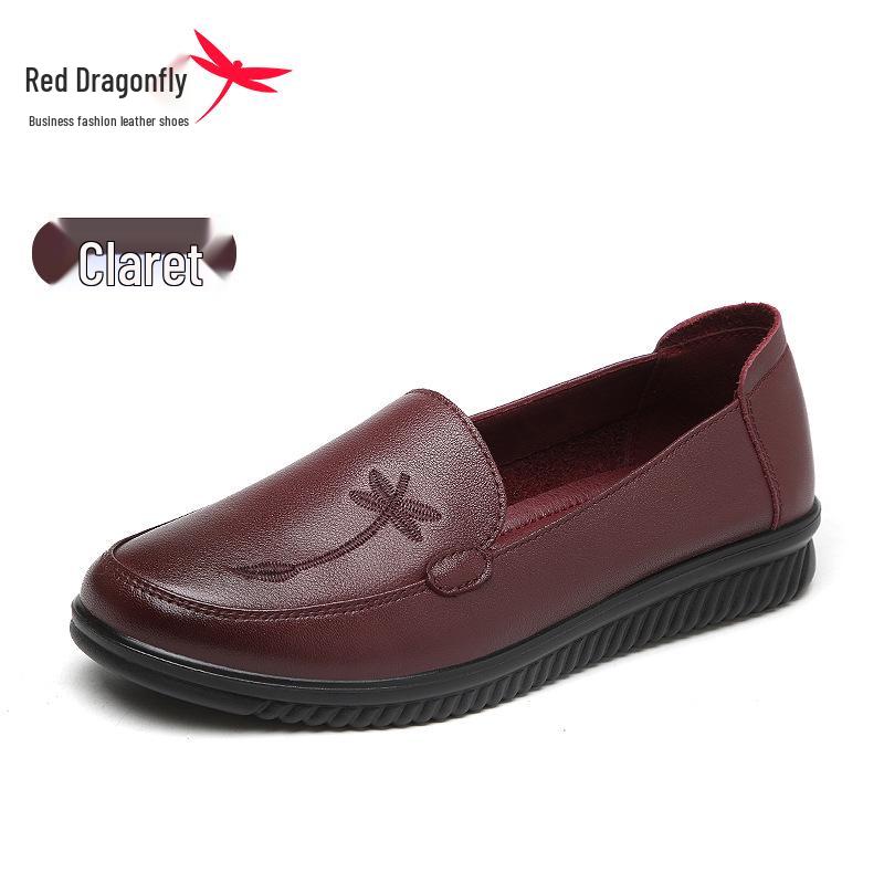 Red Dragonfly Women's Genuine Leather Slip-On Shoes - Comfortable Soft Sole for Spring, Ideal for Middle-Aged & Elderly