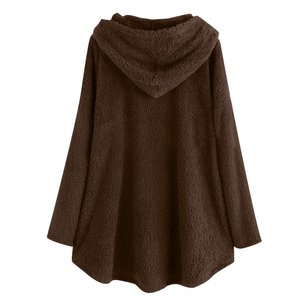 Women's Loose Ruffle Hem With Plush Solid Button Casual Hooded Mid Length Jacket Top