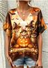 Damen V-Ausschnitt Kurzarm T-Shirt Halloween Niedlicher Cartoon-Druck Tee Totenkopf Hexe Kürbis Schloss Fledermaus Grafik Damen Oberteil