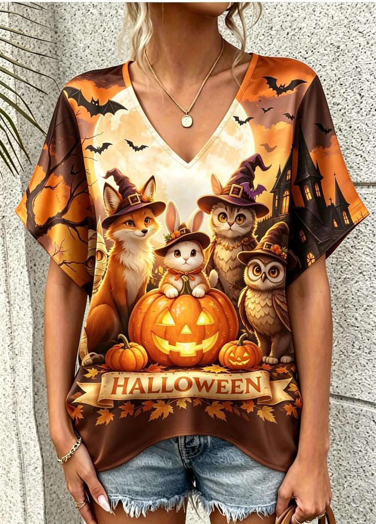 Damen V-Ausschnitt Kurzarm T-Shirt Halloween Niedlicher Cartoon-Druck Tee Totenkopf Hexe Kürbis Schloss Fledermaus Grafik Damen Oberteil