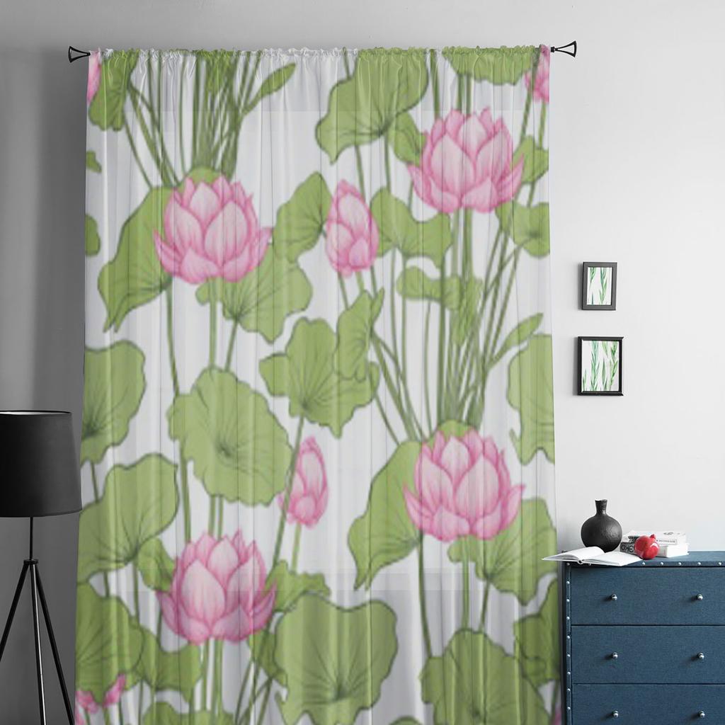 Seamless Pattern Background With Lotus Flower Chiffon Sheer Curtains for Living Room Bedroom Decor Window Voiles Tulle Curtain