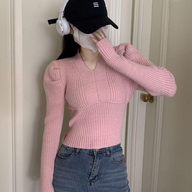 

Корейский облегающий вязаный свитер с рукавами-пузырями для женщин - V-образный вырез, облегающий талию, идеально подходит для осени/зимы One Size розовый