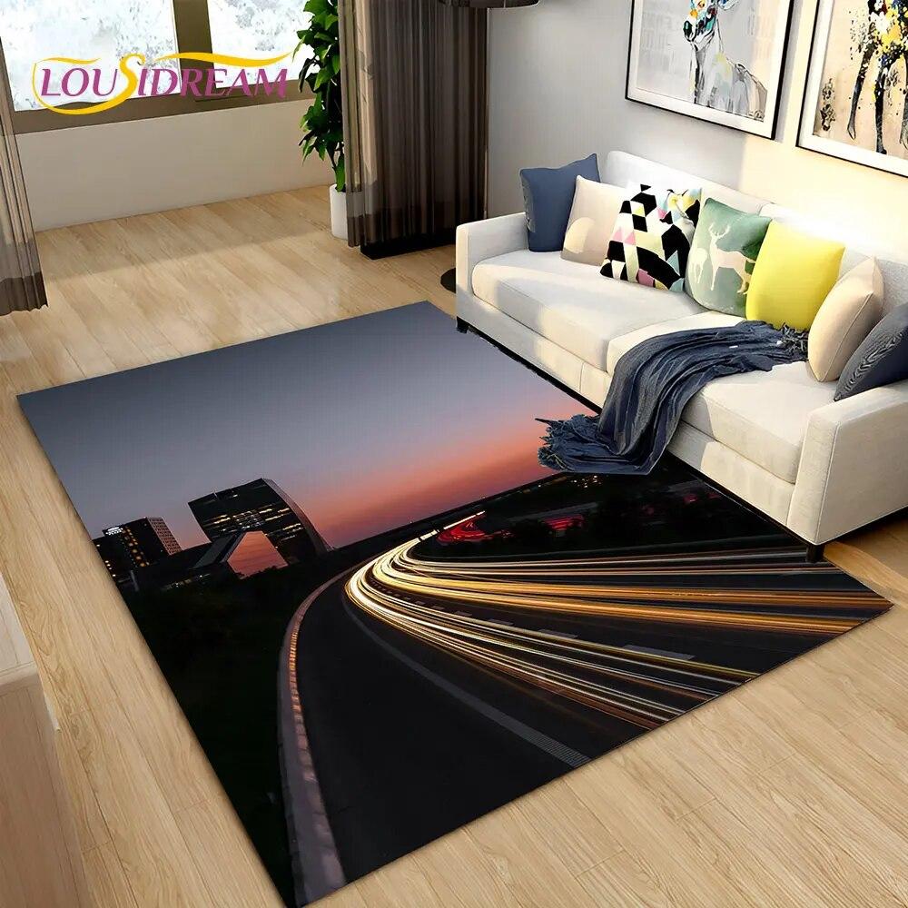 3D Neon Expressway Track Road Area Rug Large,Carpet Rug for Home Living Room Bedroom Sofa Doormat Decor,Kids Non-slip Floor Mat