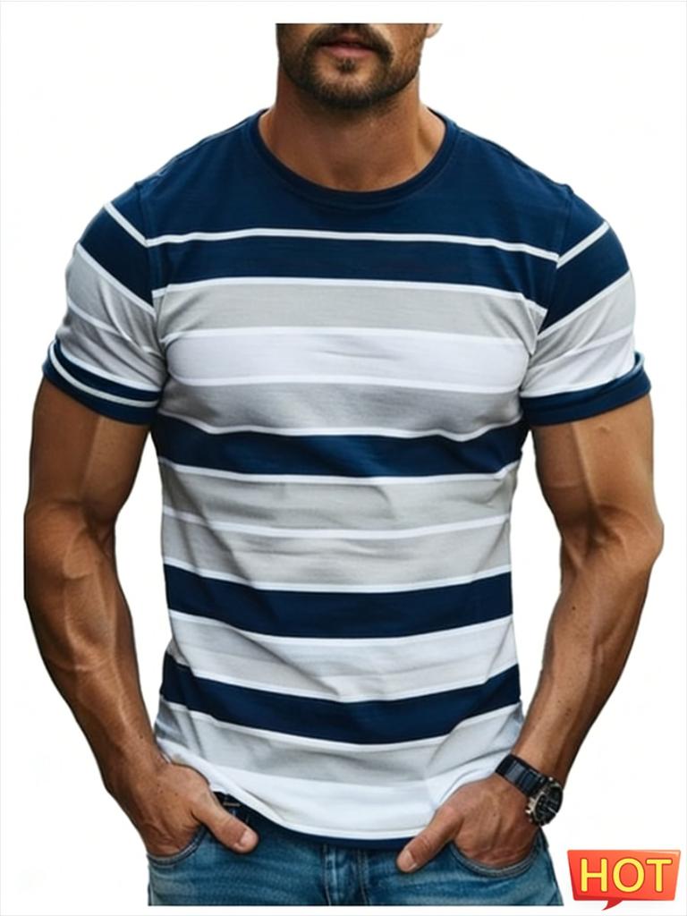 Summer Simple Striped Graphic T Shirts For Men Fashion Short Sleeve 3D Printed Crew Neck T-shirts Loose Breathable Top