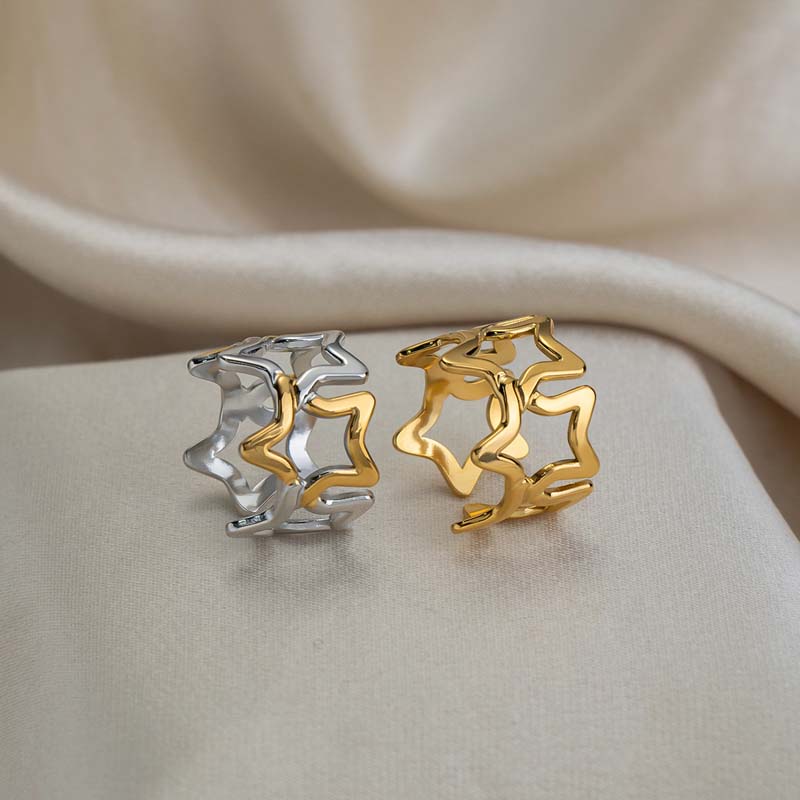 Vintage Gold Color Star Open Ring For Women Stainless Steel Metal Hollow Star Adjustable Finger Rings Jewelry Party Gift