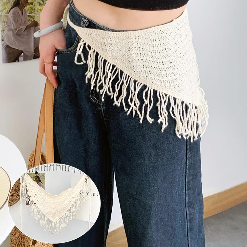 

Bohemian Knitted Back Flap Ethnic Style Triangular Scarf Tie Straps Tassel Hip Apron Women Girls 6-Beige