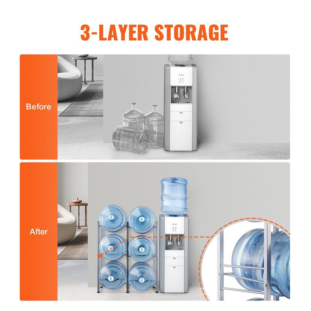 3 Tiers Water Jug Holder Double Row Water Bottle Rack for 6 Bottles Silver