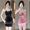 Women's Work Clothing Store Low Chest Sexy Flower Splicing Short Satin Bottom Hip Wrap Suspender Dress Summer