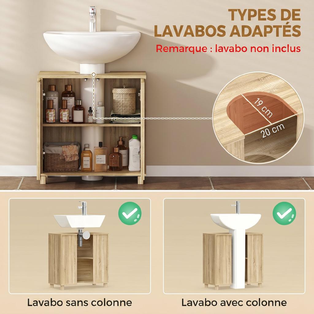Bathroom Under-Sink Cabinet, U-Shaped Cutout, Slatted Doors, 60 x 30 x 60 cm, Natural