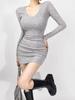 Petite V-neck Long-Sleeve Mini Dress - Autumn Collection, Pleated, Waist-Cinched, Slimming, Hip-Hugging Design