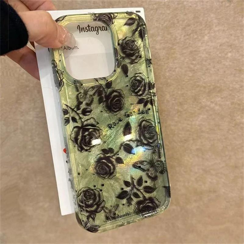 Корейский Чехол для телефона с лазерным тисненым узором розы для iPhone 16 15 14 13 11 12 Pro Max 16 Plus Прекрасная противоударная накладка Funda iPhone 16 Pro