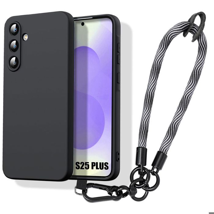 Coque pour Samsung Galaxy S25 Plus (S25+), Protection Silicone Noir avec Bracelet Gris