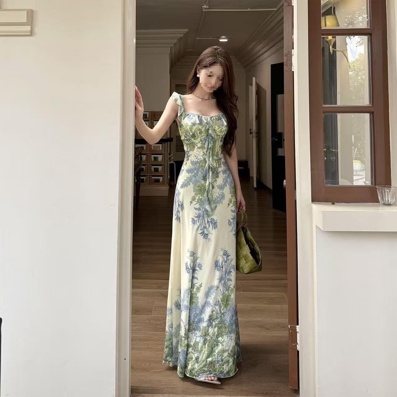 

Beyouare national style popular new high-end Monet green garden waist ruffle edge dress S