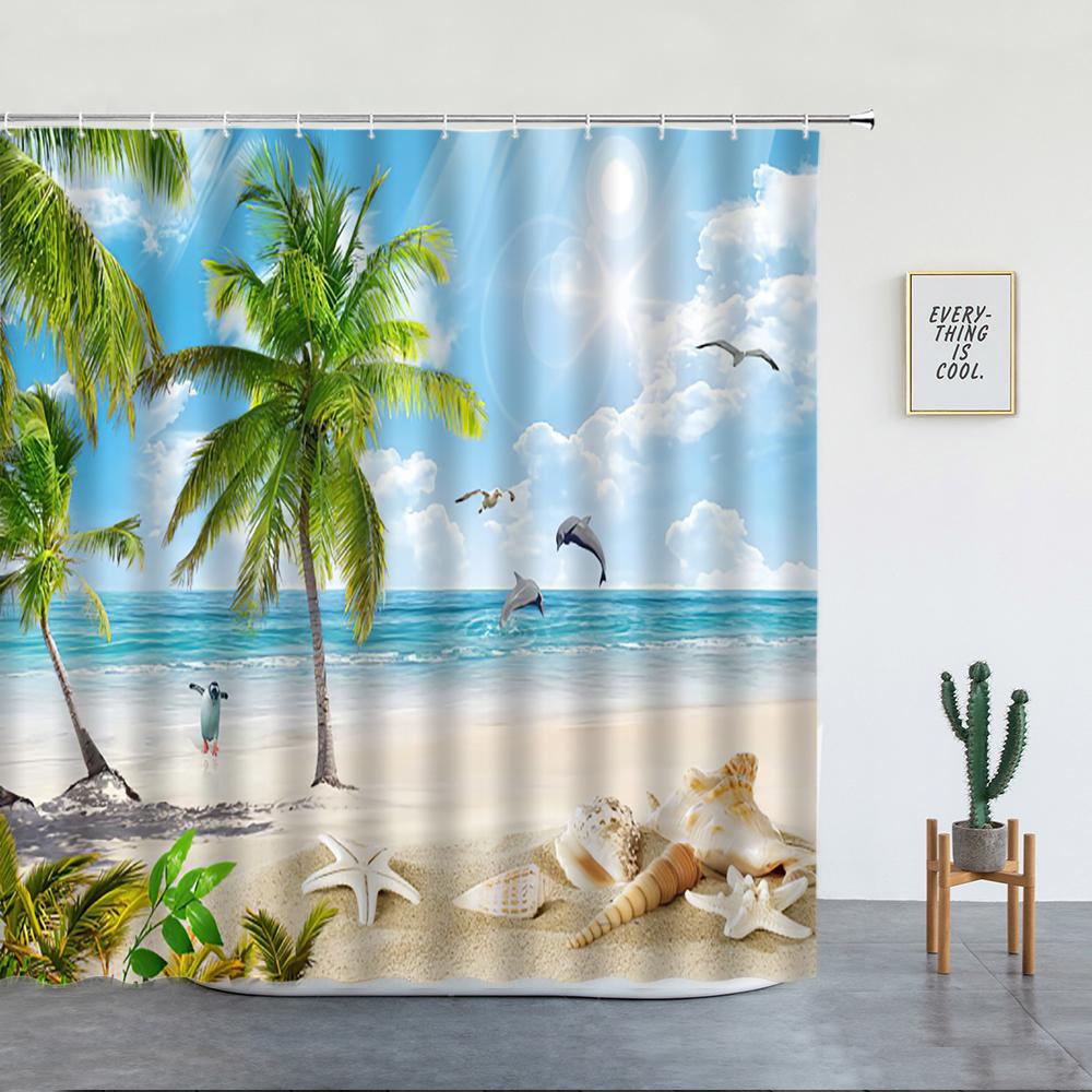 Beach Palm Trees Shower Curtains Sunset Island Hawaii Ocean Natural Landscape Polyester Bathroom Decor Cloth Bathtub Curtain Set