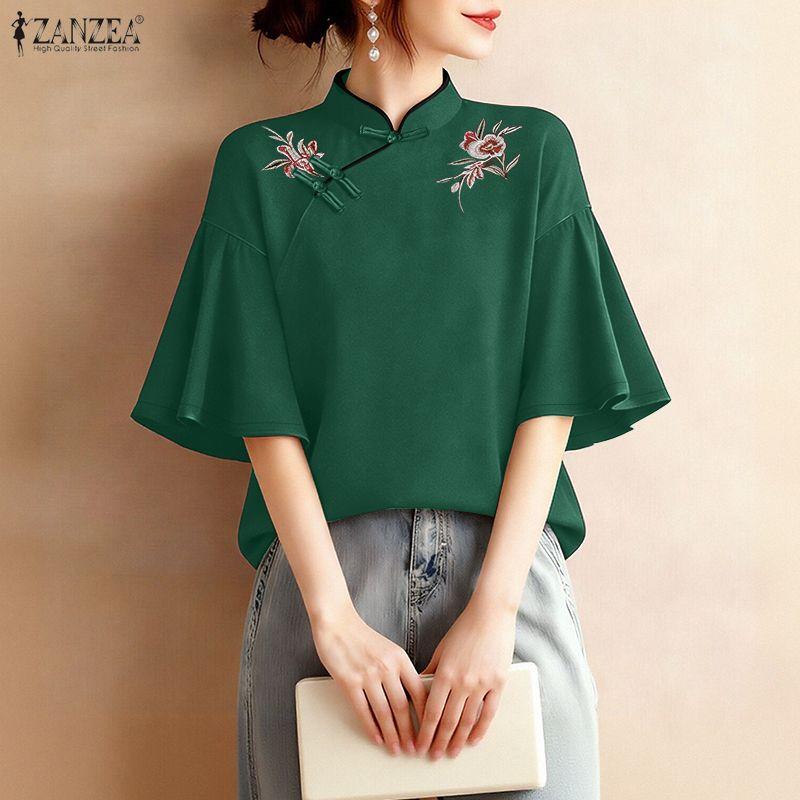 ZANZEA Women Stand Collar Casual Embroidery Loose Short Sleeve Blouse
