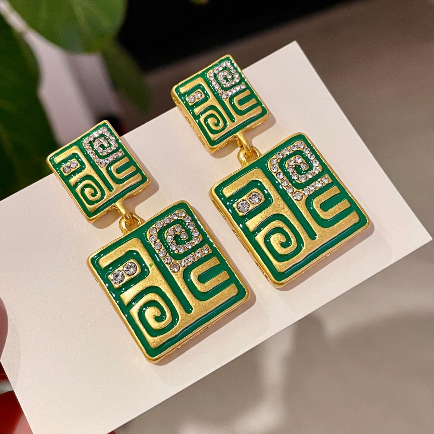 Vintage Green Totem Square Earrings with Rhinestones - Retro Chinese Style
