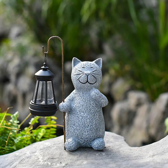 Solar Cat Statue Holding Lantern Waterproof Resin Light Garden Kitty Sculpture Outdoor Kitten
