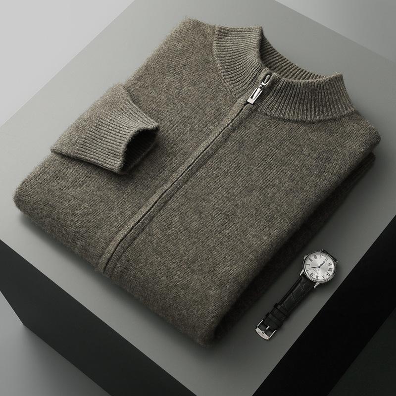 Autumn And Winter Pure Wool Knitted Double-Strand Thickened Stand-Up Collar Cashmere Cardigan Men'S Versatile Long-Sleeved Cashmere Jacket