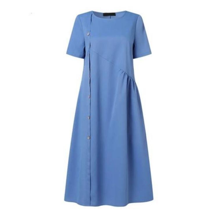 Casual Midi Dress for Women Beautiful Beach Dress Pleated O Neck Lady Clothes