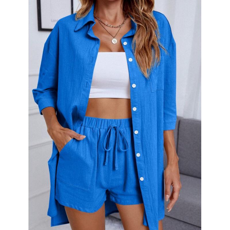 2023 Spring Women's Casual Patchwork Cotton Linen Two-Piece Set with Seven-Sleeves