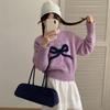 Korean Autumn Bow Detail Girly Style Knit Pullover Top Loose Round Neck Sweater