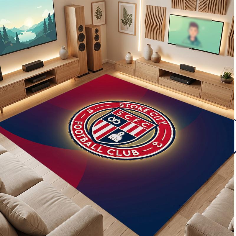 Stoke City Football Print Crystal Velvet Rug, Comfortable Water Absorbent Non Slip Indoor Floor Carpet