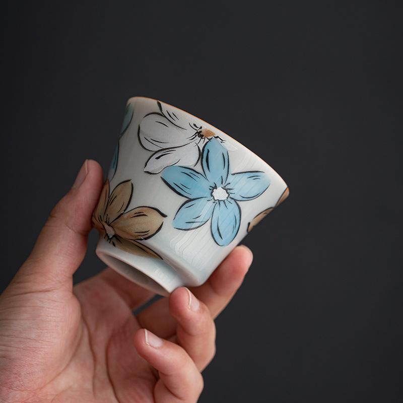 Japanese-Style Cherry Blossom Ceramic Kung Fu Teacups Creative Ice Gray Glaze Household Tea Utensils Single Cup 2025 New
