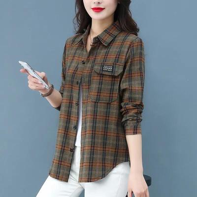 Plain Cotton Tops Spring Autumn Lapel Long Sleeve Shirts Women's Coat Brushed Retro Plaid Shirt Plus Size