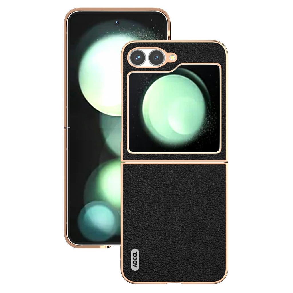 ABEEL For Samsung Galaxy Z Flip7 FE 5G/Z Flip6 5G Case Electroplating Edge Genuine Cow Leather Coated PC Phone Cover