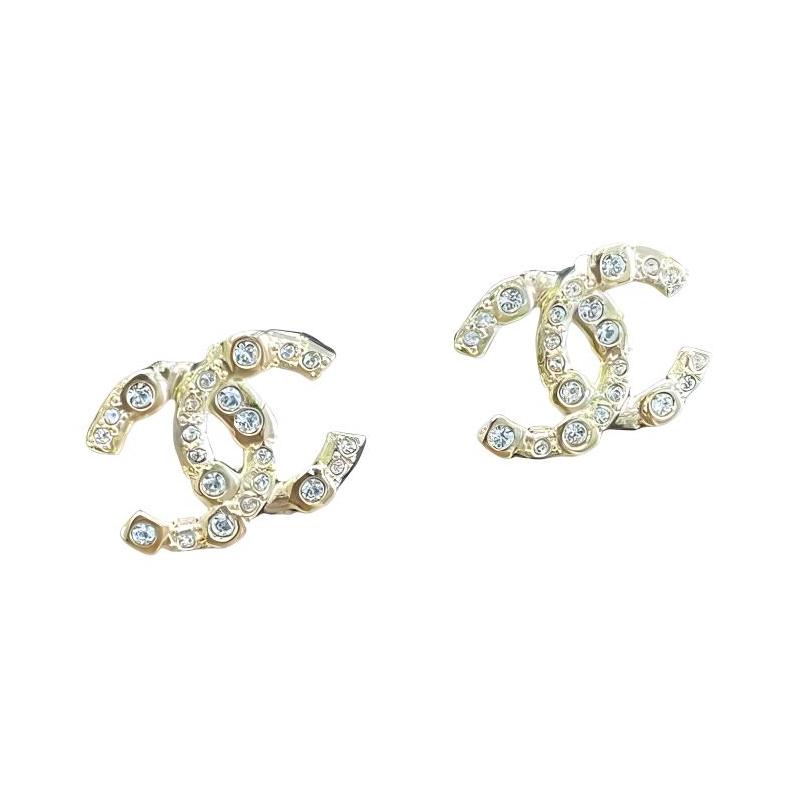 CHANEL double c logo rhinestone earrings women's gold
