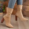 Womens Winter Stretch High Heel Ankle Boots Pointed Toe Chunky Slip-On Mid-Calf Boot Plus Size