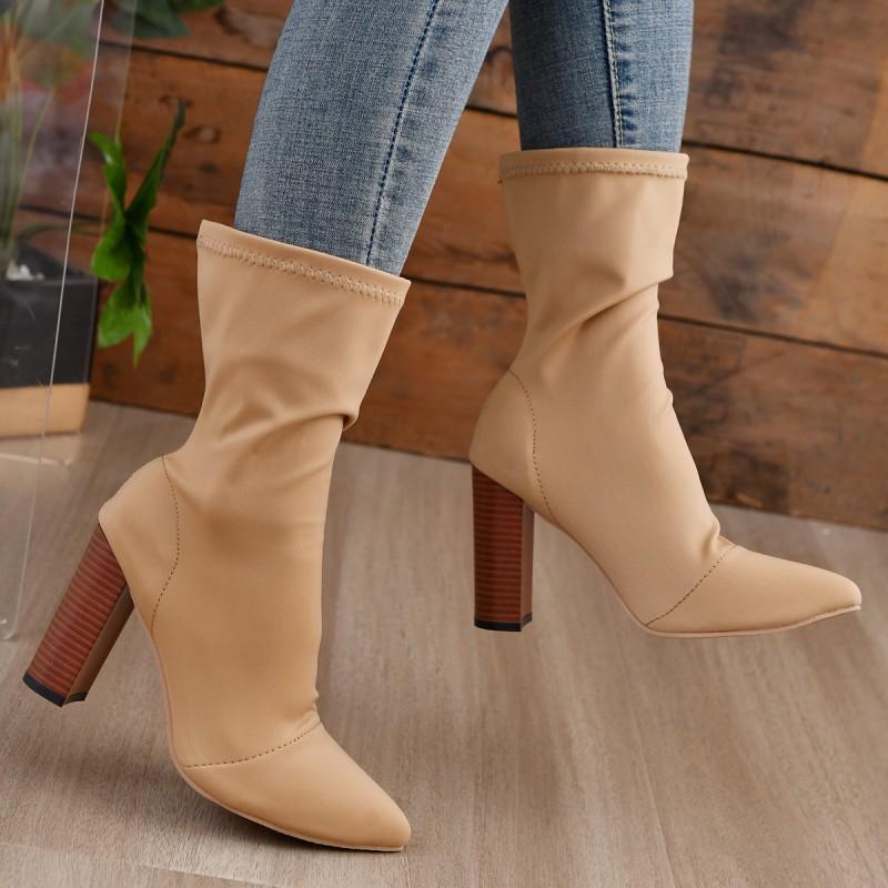 Womens Winter Stretch High Heel Ankle Boots Pointed Toe Chunky Slip-On Mid-Calf Boot Plus Size