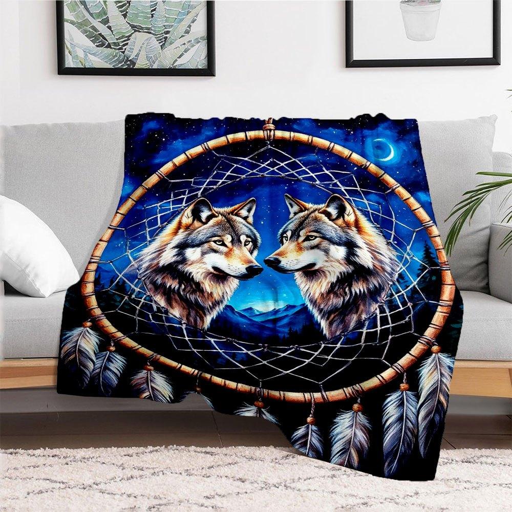 Dream Catcher with Wolves - Handmade Native American DecorBlanket Flannel Throw Blanket for Sofa, Bed, Travel, Camping, Office, Couch, Chair