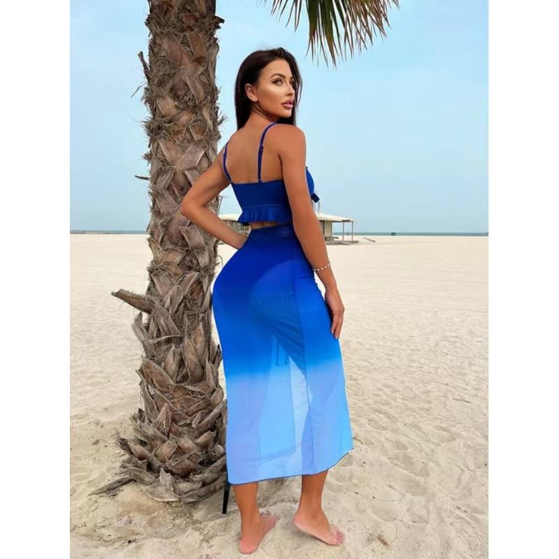 New Split Three-piece Conservative Bikini Skirt Mesh Sexy European and American Style Swimsuit