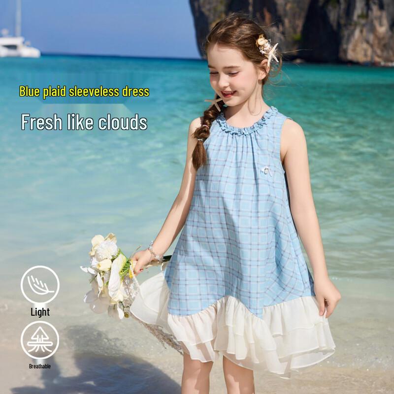 ASK JUNIOR Girls 2026 Summer Blue Plaid Sleeveless Dress 120