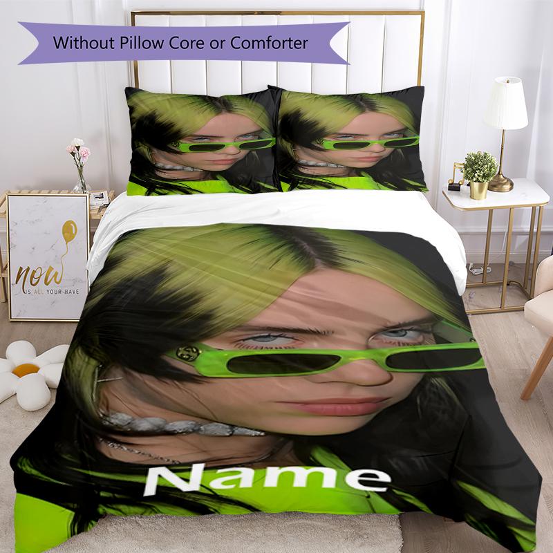3pcs Custom Name Billie Eilish Bedding Set Duvet Cover Closure Includes 1 Duvet Cover & 2 Pillowcases, Soft and Comfortable for All Seasons.