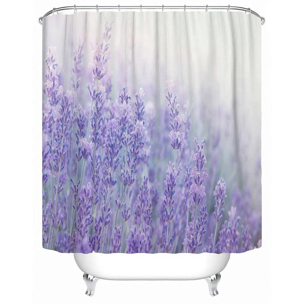 Lavender Shower Curtain With Hooks Waterproof Polyester Fabric Purple Floral Plant Bathroom Bathtub Curtains For Bath Room Tub