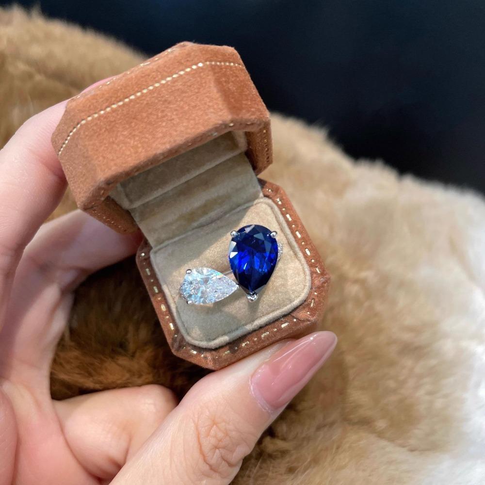 Open Ring Fashion Luxury Red Diamond Drop Shape Ring Unique Design Blue Gemstone Women Statement Ring
