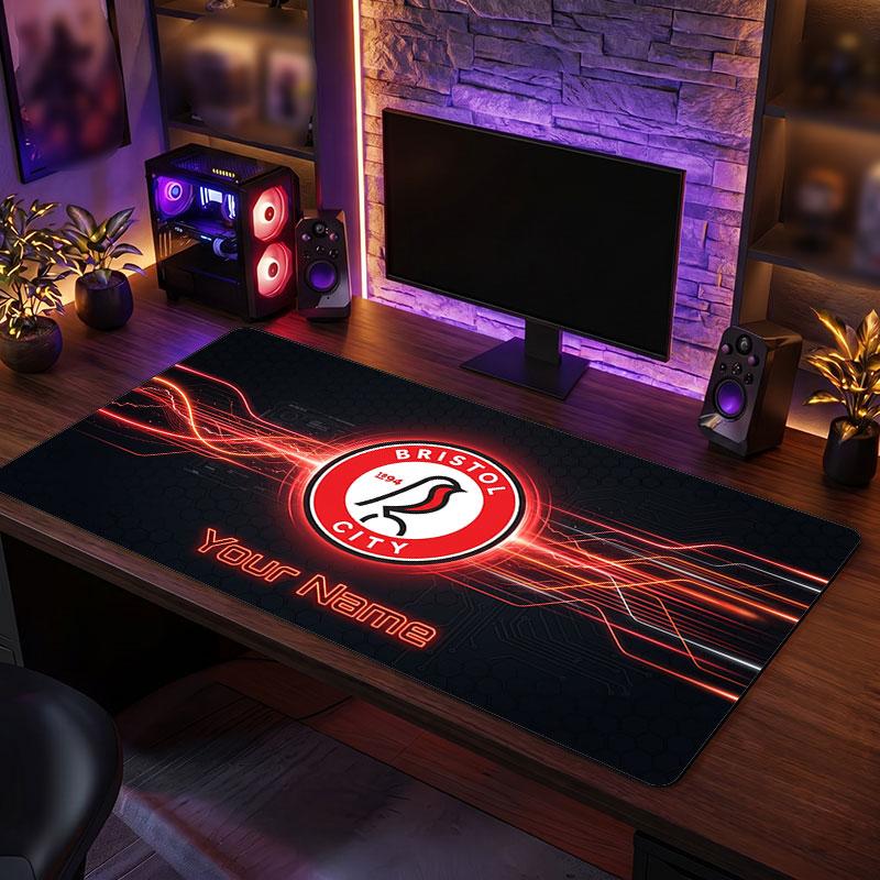 Bristol City Custom Large Mouse Pad, Personalized Name Text Print, Football Logo Non‑Slip Desk Mat Gaming Gift