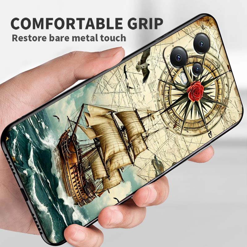 Vintage Kompass Illustration Für Xiaomi Redmi Note 15 14 13 12 12S 11E 11 11S Pro Plus 4G 5G Schwarze Weiche TPU Handyhülle