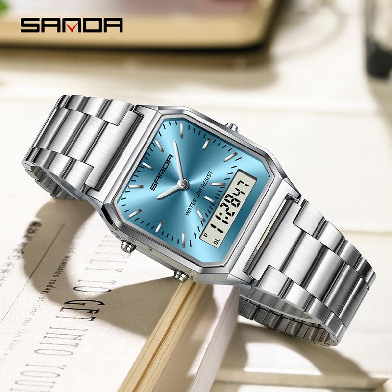 SANDA 747 Quartz Digital 5bar Waterproof Casual Fashion Unisex Watch Stainless Steel Strap Square Dial Men's Electronic Watches