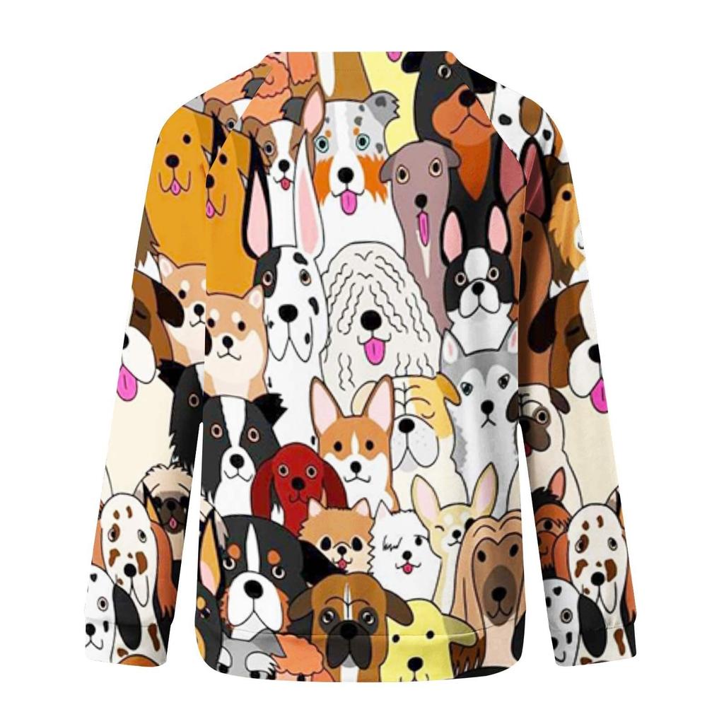 Ladies Casual Fashion Print Long Sleeve Round Neck Pullover T-Shirt Top