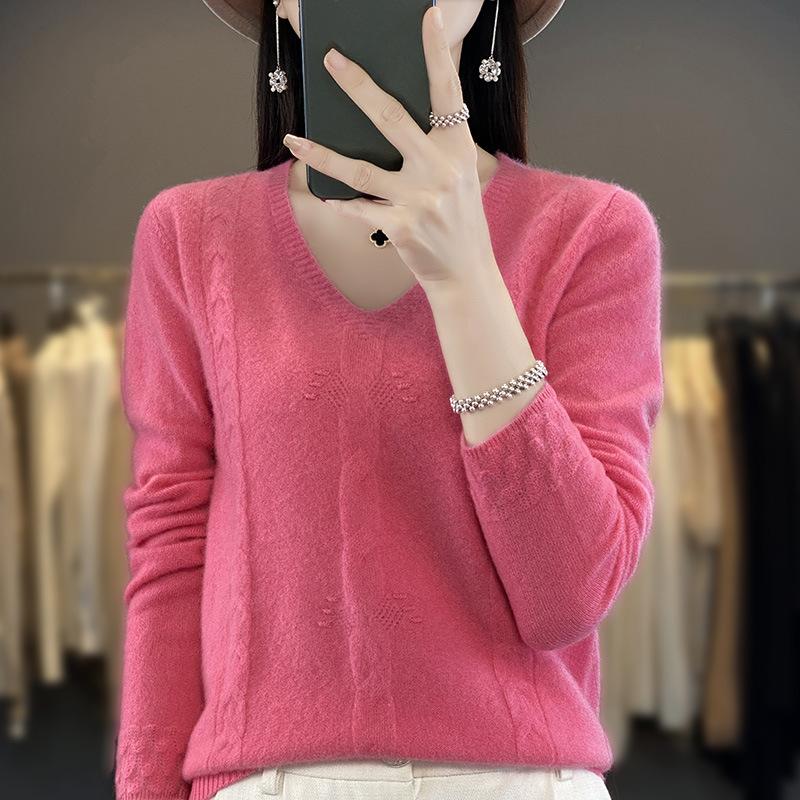 INDFS Damenmode Lässig Herbst Winter Einfarbig Druck Langarm V-Ausschnitt Pullover