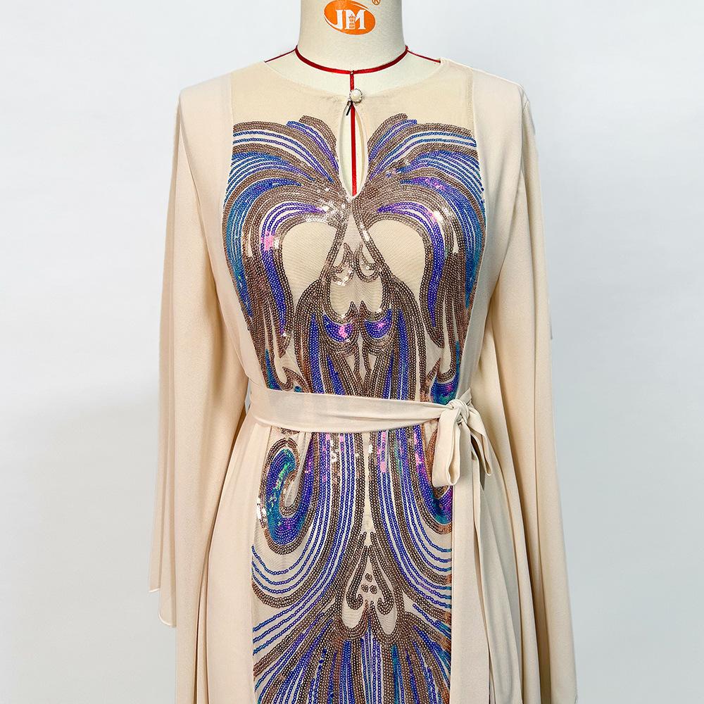 Gold Multi-layer Lotus Leaf Sleeve Positioning Sequin Embroidery Light Luxury Robe Muslim Dress