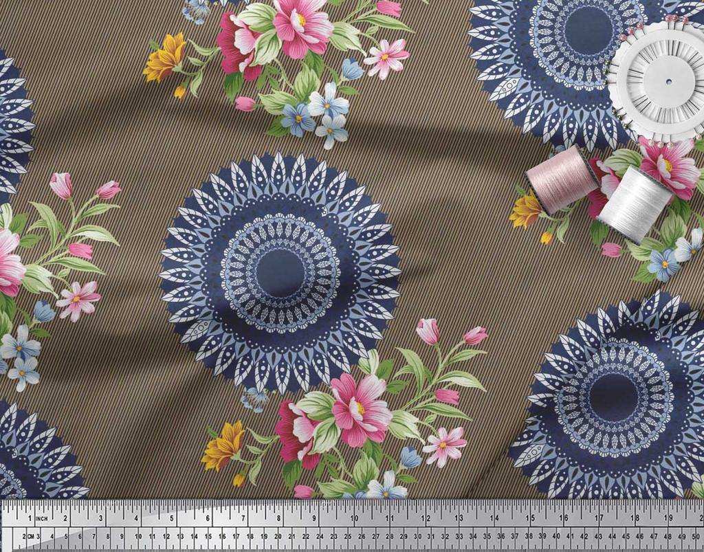 Soimoi Brown Poly Crepe Fabric Stripe|Floral & Mandala Print Sewing Fabric BTY 42 Inch