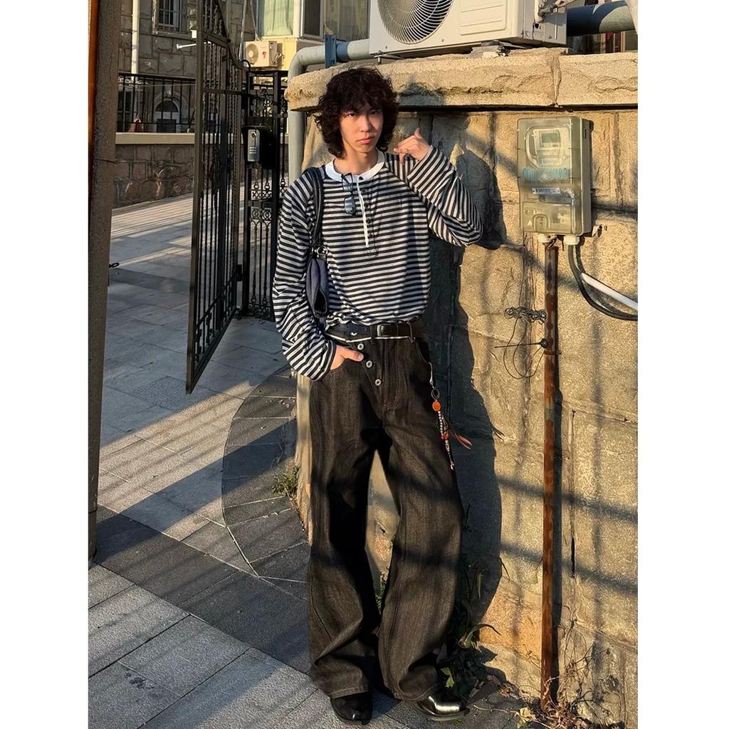 Primary Color Red Diagonal Buckle Jeans Men's Straight Loose Cleanfit Retro Washed Slightly Wide Leg Pants