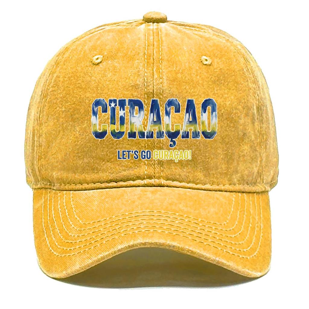 Snapback Baseball Cap With "CURACAO" "LETS'S GO CURACAO" Flag Printed , Adjustable Baseball Hat Retro Sporting Vintage Casual Dad Hat