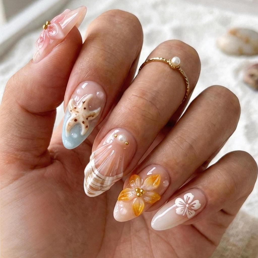 30-Piece Summer Style 3D Shell Press-on Nails, Medium-Long Almond Shape
