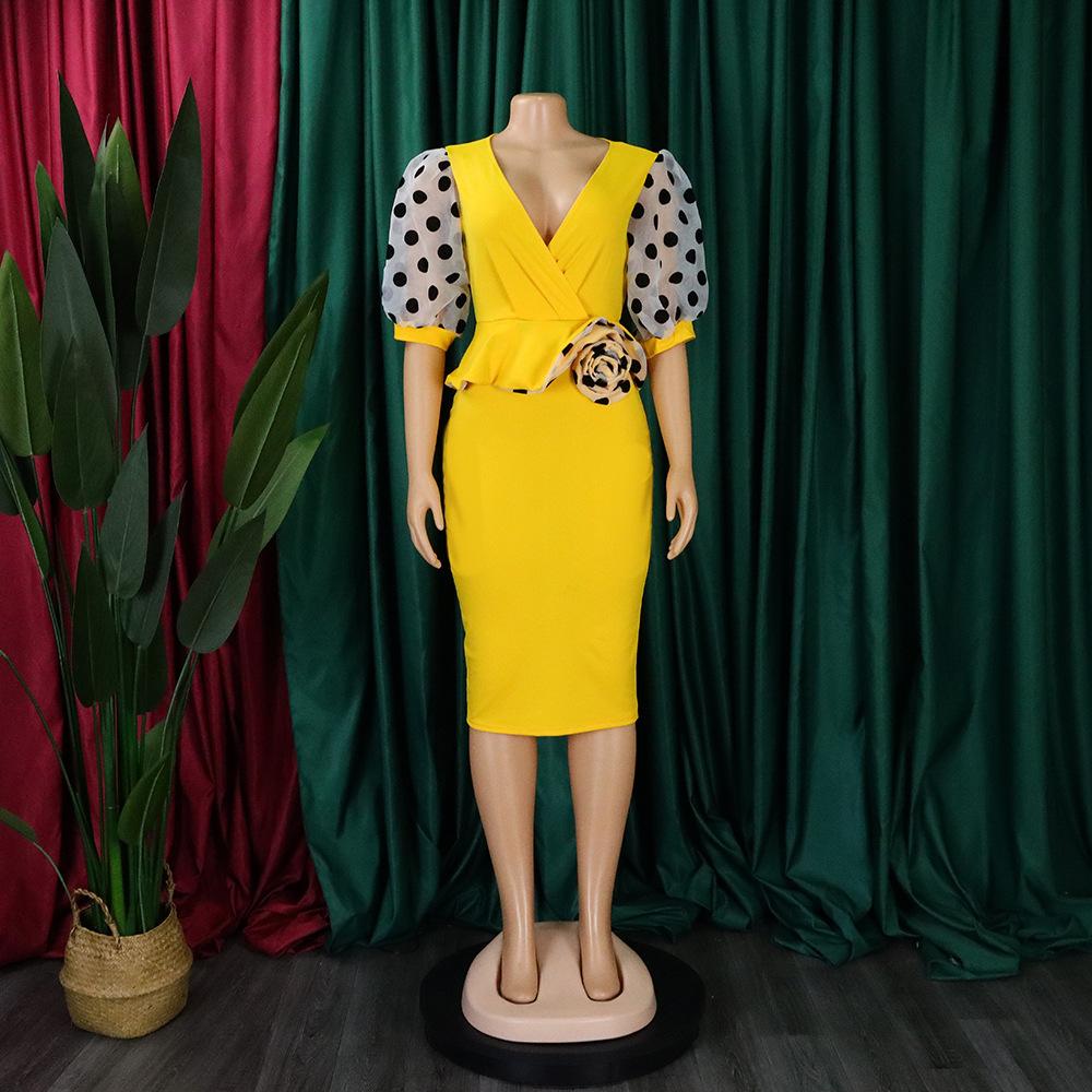 Modisches, lässiges Patchwork-Kleid für Damen im europäischen und amerikanischen Stil mit gepunkteten Puffärmeln und übergroßer Zunge